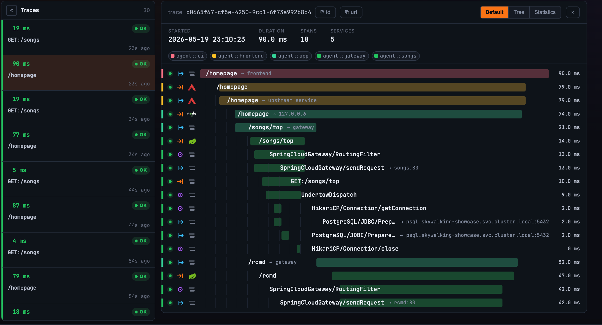 SkyWalking trace explorer with span waterfall