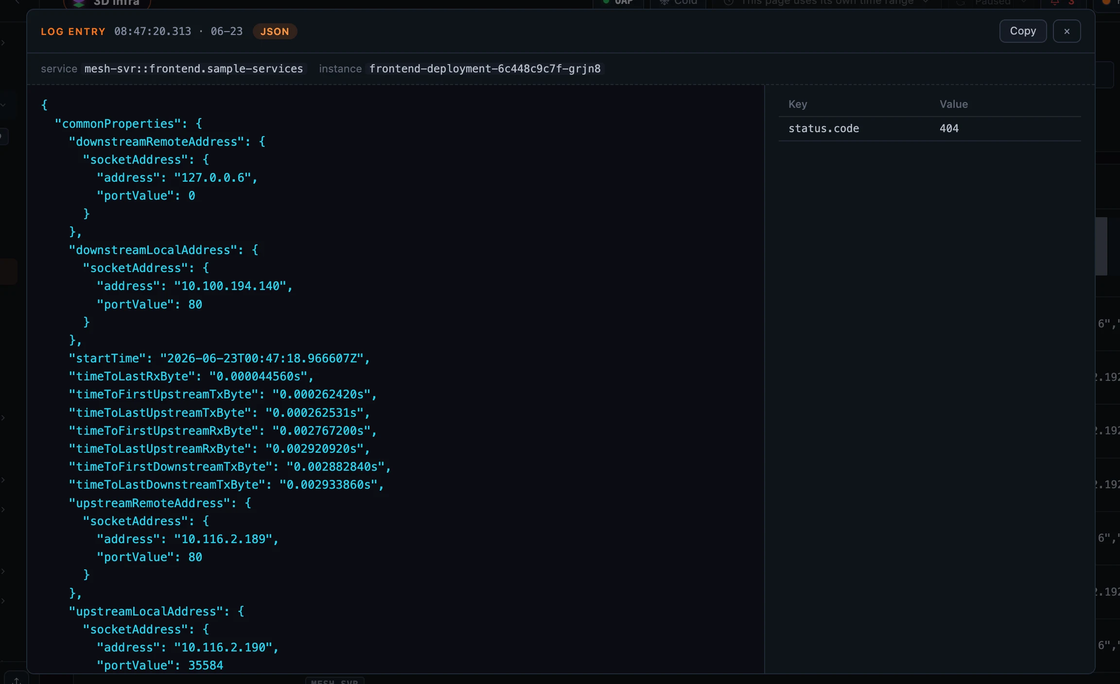 图 2：日志行详情弹层。完整内容按格式 pretty-print（这里是 JSON access log），带 Copy 按钮、service 和 instance 上下文，以及该行 tag 表（这里是 status.code）。