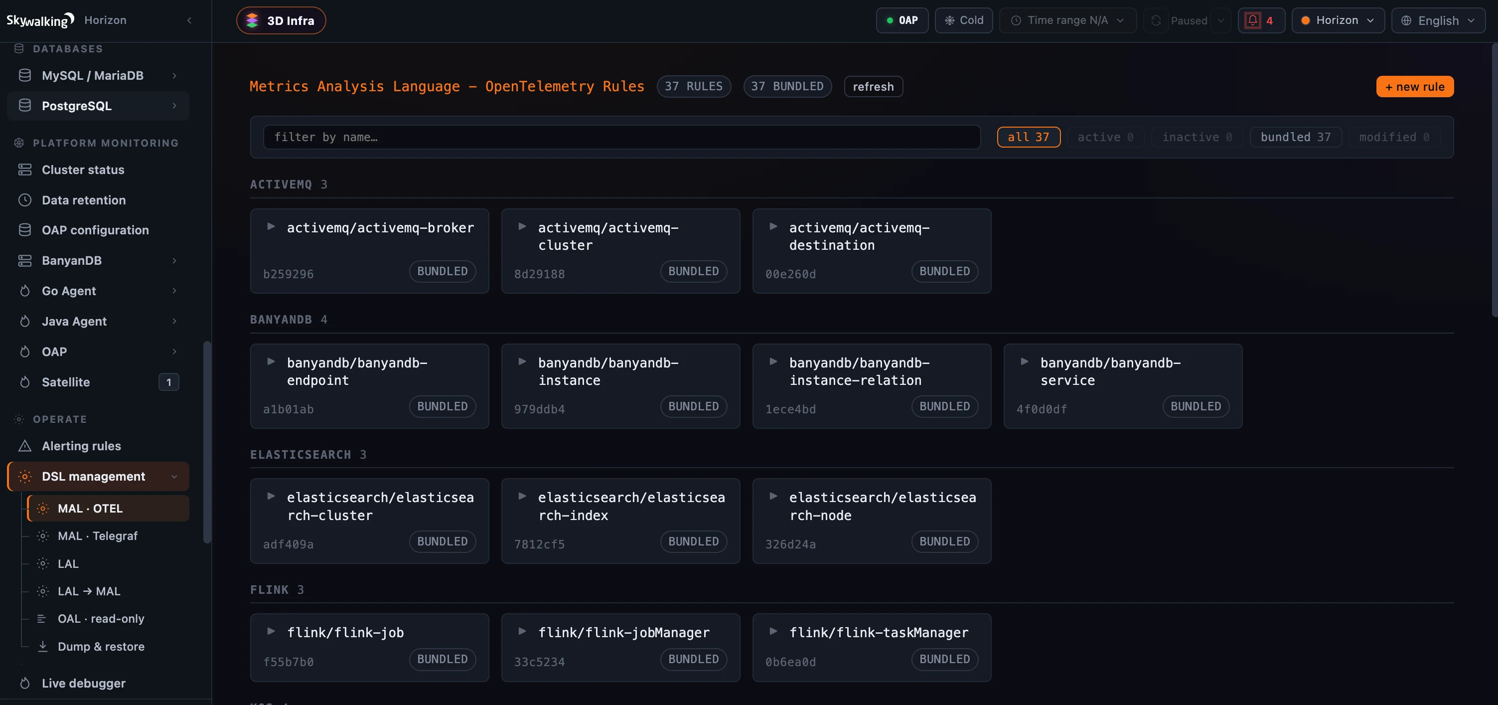 图 1：DSL management 目录：分析规则按来源分组，每条规则带状态标记，顶部提供状态过滤。