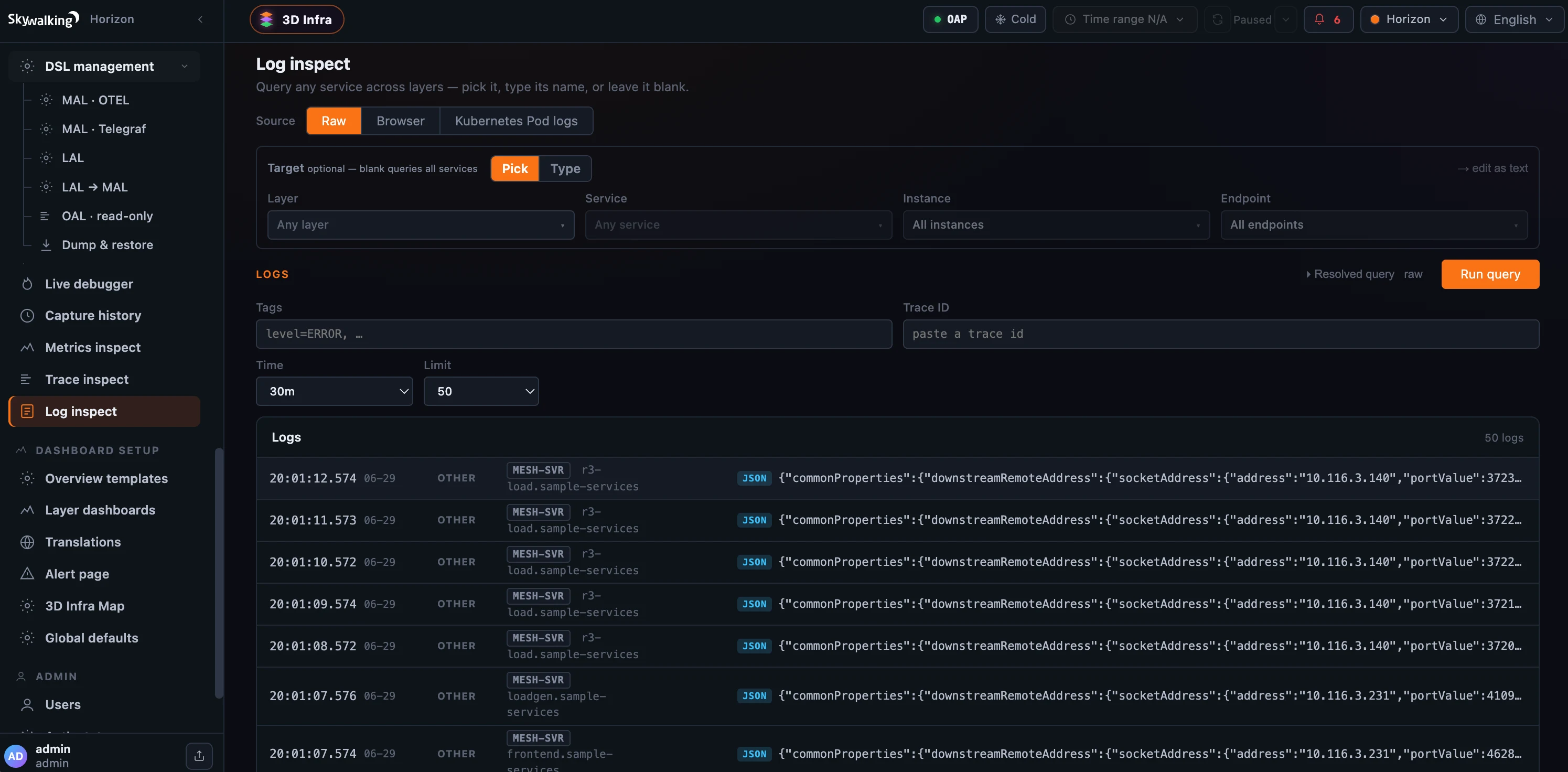 Figure 4: Log inspect on the Raw source, with the Raw / Browser / Kubernetes Pod logs source switch, a blank target, and a cross-service log stream.
