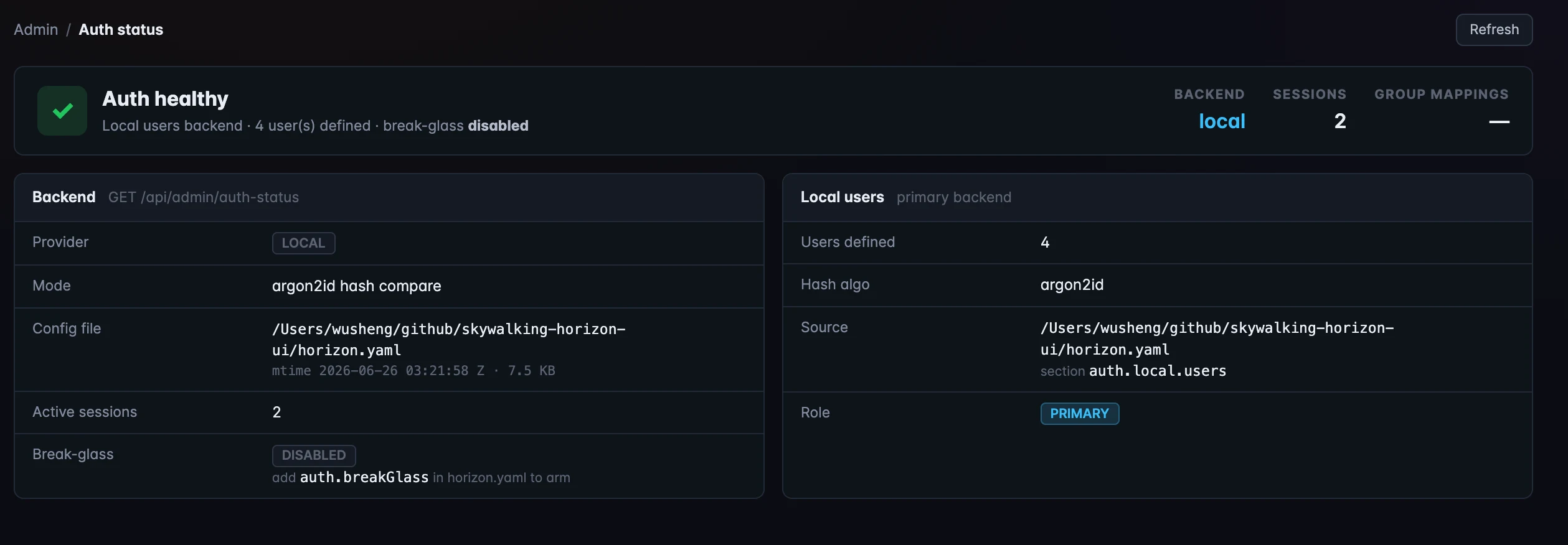 Figure 2: The Auth status admin page showing provider LOCAL, argon2id hashing, the config file, break-glass disabled, and an active-session count.