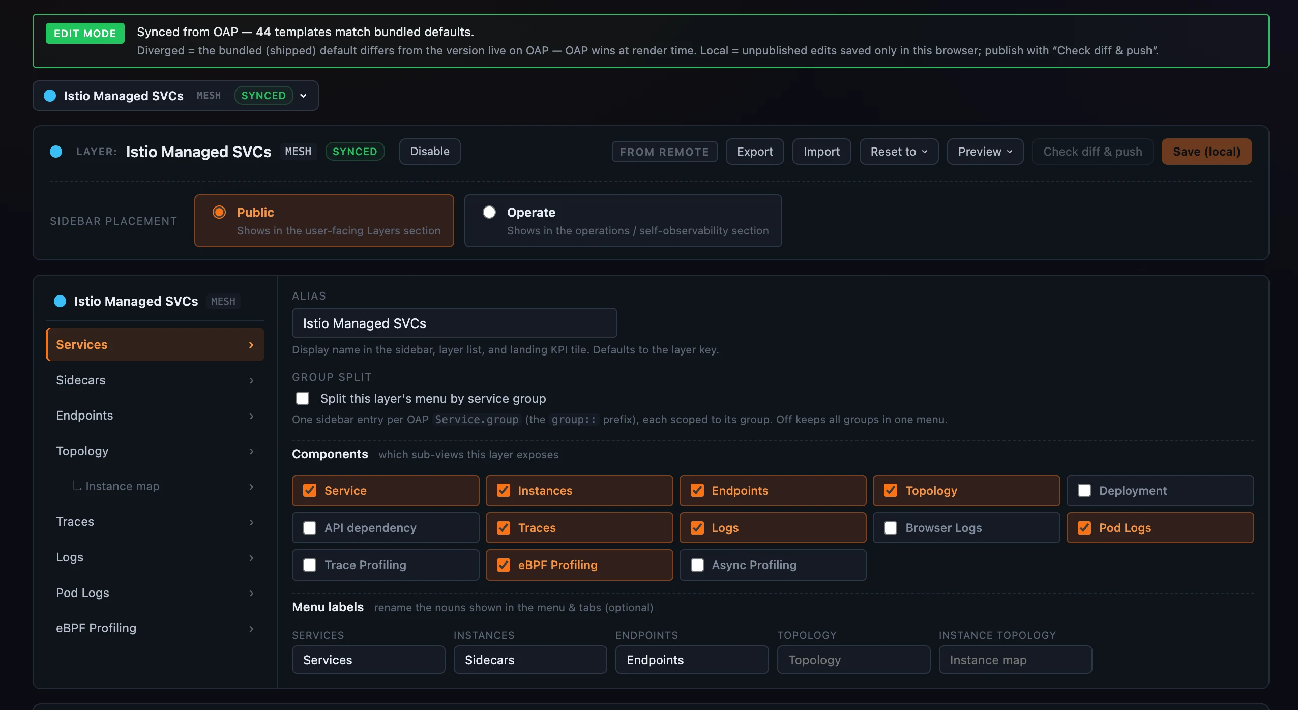 Figure 1: The Layer dashboards admin — the header with Save/Reset/Preview/Check-diff-and-push controls, and the layer setup showing component toggles, alias, and menu-label renaming.