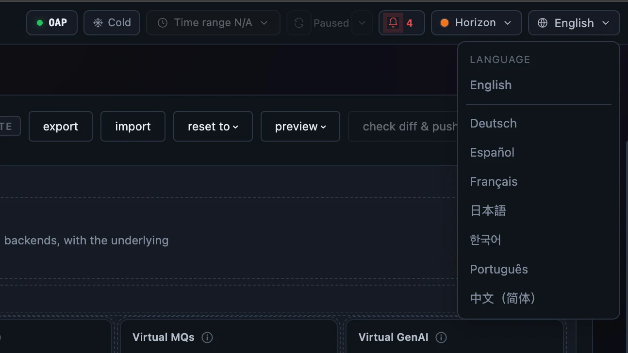 Figure 2: The topbar language menu open, listing English at the top, then Deutsch, Español, Français, Japanese, Korean, Português, and Chinese.